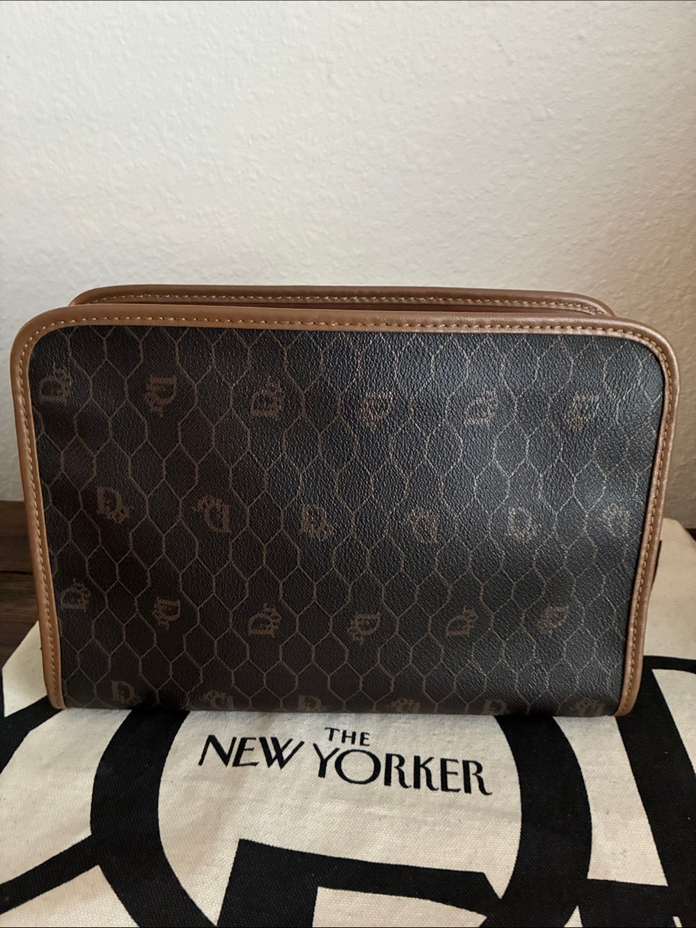 Vintage Dior Brown Monogram Toiletry Pouch with Tan Trim